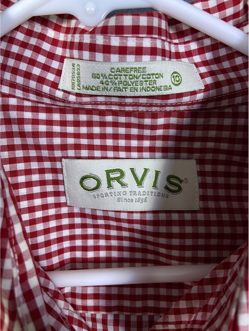 Orvis Red Gingham Check Carefree LS Button Up Size 10 M 21x27 Hiking Outdoors - Picture 3 of 7